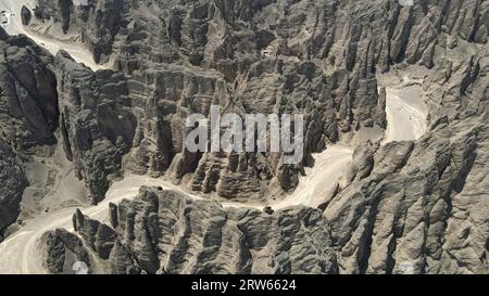 (230917) -- LANZHOU, Sept. 17, 2023 (Xinhua) -- This aerial photo taken on July 11, 2023 shows the Yellow River Stone Forest in Jingtai County of Baiyin City, northwest China's Gansu Province. The Yellow River, originating from the Bayan Har Mountains, meanders thousands of miles in Gansu. On both sides of the river, ancient cities, towns and villages formed and prospered, and became important guardians and inheritors of the Yellow River culture. In recent years, Gansu Province has continuously strengthened the preservation and revitalization of ancient cities, towns and villages along the Y Stock Photo