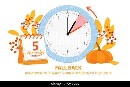 Daylight saving time ends 5 november 2023 banner. Fall Back time. Banner with alarm clock and calenar date with info abouth chanhing time. Clocks chan Stock Vector