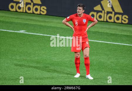 Moscow, Russia – July 3, 2018. England national football team centre-back Harry Maguire  during World Cup 2018 Round of 16 match Colombia vs England. Stock Photo