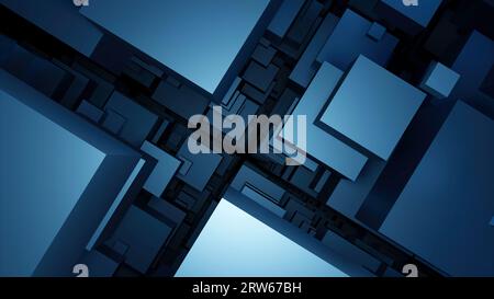 Movement through 3d space with cubes. Design. Tunnel with 3d lips in multi-level space. Perspective in 3D space with corridor of cubes. Stock Photo