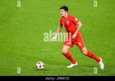 Moscow, Russia – July 3, 2018. England national football team centre-back Harry Maguire in action during World Cup 2018 Round of 16 match Colombia vs Stock Photo