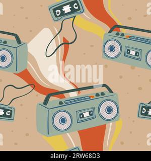 Vintage retro gadget for playing and recording music and songs. Old magneto phone with cassette tape. Buttons on appliance. Seamless pattern, wallpape Stock Vector