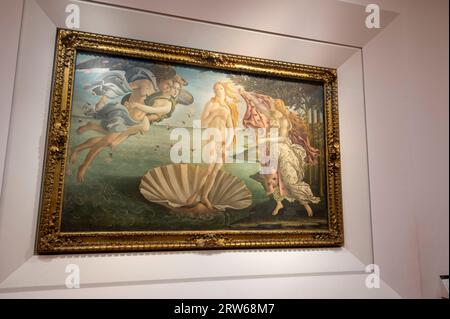 One of the most significant art attractions at the Uffizi art gallery is the Birth of Venus, showing the goddess, Venus, standing on a giant scallop shell. The Stock Photo