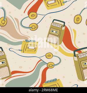 Old school magnetophone or player with headphones and buttons for cassettes. Vintage or retro gadgets for personal usage. Seamless pattern, wallpaper Stock Vector