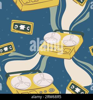 Retro or vintage music player and recorder, a cassette tape with compositions or songs. Entertainment and disco in the 80s. Seamless pattern, wallpape Stock Vector