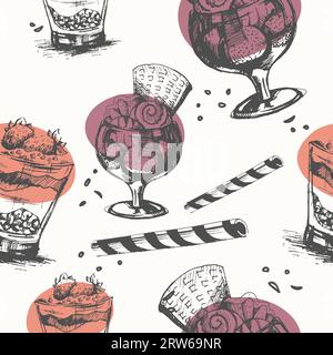 Sweets and desserts from cafe or restaurant menu. Bowl with fruits and ice cream, cookies and waffles, strawberries on top. Seamless pattern, wallpape Stock Vector