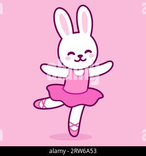 Cute cartoon ballet dancer bunny. Little rabbit character dancing in pink tutu. Kawaii simple vector drawing, clip art illustration. Stock Vector