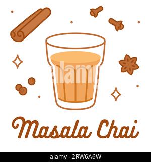 Masala chai tea doodle drawing. Hand drawn cartoon glass of Indian tea with aromatic spices: cinnamon, cloves, anise and pepper. Vector illustration. Stock Vector