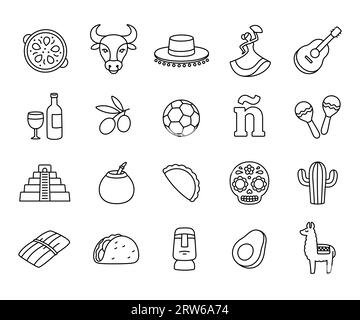 Spanish language and Hispanic cultures icons, hand drawn doodle style. Spain and Latin America symbols. Vector line art illustration. Stock Vector