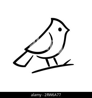 Simple Northern Cardinal line drawing. Black and white bird on a branch outline. Minimal logo or icon, vector clip art illustration. Stock Vector