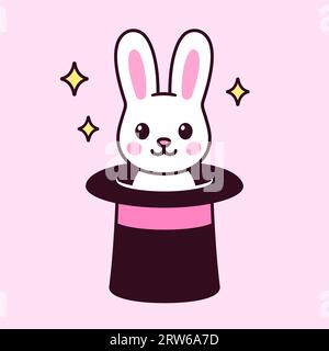 Rabbit in magicians hat, magic trick illustration. Cute bunny inside top hat, isolated cartoon vector drawing. Stock Vector