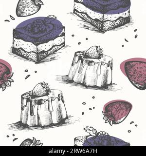 Sweet desserts in cafe and restaurant, mousse and jelly with strawberry fruit and topping or jam. Meal for breakfast or lunch. Seamless pattern, wallp Stock Vector