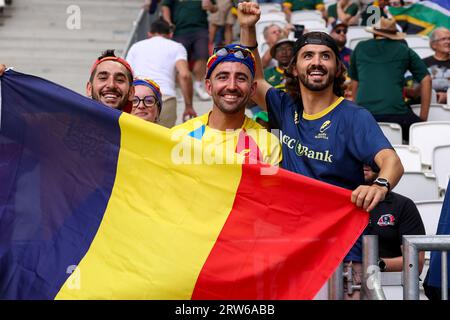 Bordeaux, France. 17th Sep, 2023. BORDEAUX, FRANCE - SEPTEMBER 17: Fans and Supporters of Romania during the Rugby World Cup France 2023 match between South Africa and Romania at Stade de Bordeaux on September 17, 2023 in Bordeaux, France. (Photo by Hans van der Valk/Orange Pictures) Credit: Orange Pics BV/Alamy Live News Stock Photo