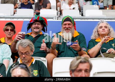 Bordeaux, France. 17th Sep, 2023. BORDEAUX, FRANCE - SEPTEMBER 17: Fans and Supporters of South Africa during the Rugby World Cup France 2023 match between South Africa and Romania at Stade de Bordeaux on September 17, 2023 in Bordeaux, France. (Photo by Hans van der Valk/Orange Pictures) Credit: Orange Pics BV/Alamy Live News Stock Photo