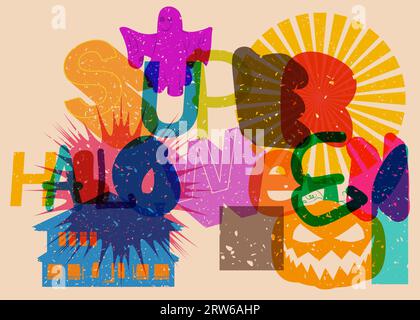 Risograph Super Halloween word with geometric shapes. Holiday in trendy riso graph design. Stock Vector