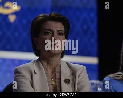 Brussels, Belgium. 15th Sep, 2023. Atifete Jahjaga, President of Kosovo (2011-2016) speaks during the international conference on the one-year anniversary of the nationwide uprising. Thousands of Iranians, world leaders, and legislators from various nations congregated at a conference in Brussels on September 15, 2023. The gathering commemorates the one-year anniversary of the nationwide uprising that profoundly shook the ruling establishment in Iran. (Photo by Siavosh Hosseini/SOPA Images/Sipa USA) Credit: Sipa USA/Alamy Live News Stock Photo