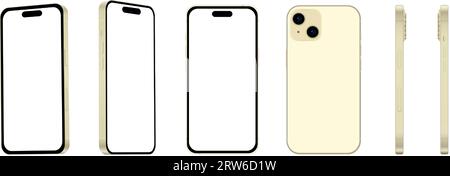 Set of 6 items from different angles, 15 yellow smartphone models, new IT industry, mockup for web design on white background - Vector illustration Stock Vector