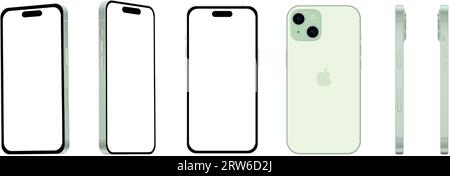 Set of 6 pieces from different angles, green Apple iPhone 15 smartphone, model, new in the IT industry, mockup for web design on a white background - Stock Vector