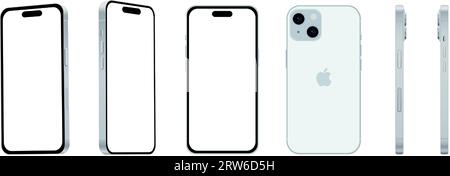 Set of 6 pieces from different angles, blue Apple iPhone 15 smartphone, model, new in the IT industry, mockup for web design on a white background - V Stock Vector