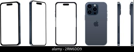 Set of 6 pieces at different angles, blue titanium smartphone Apple iPhone 15 PRO, model, new in the IT industry, mockup for web design on a white bac Stock Vector