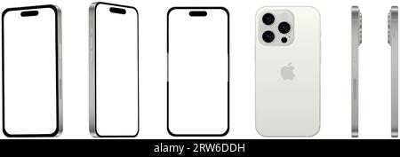 Set of 6 pieces at different angles, white titanium smartphone Apple iPhone 15 PRO, model, new in the IT industry, mockup for web design on a white ba Stock Vector
