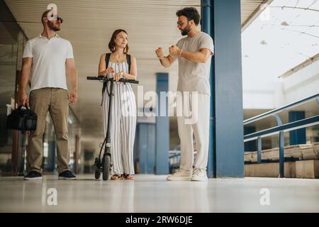 Business Professionals Engaged in Analyzing and Discussing Financial Reports for Market Research and Strategy Development Stock Photo