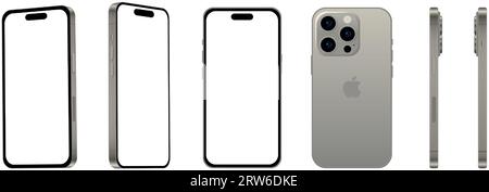 Set of 6 pieces at different angles, natural titanium smartphone Apple iPhone 15 PRO, model, new in the IT industry, mockup for web design on a white Stock Vector