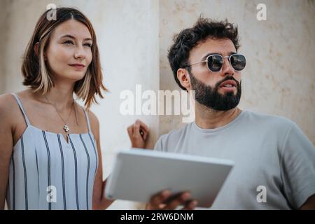 Business professionals strategize outdoors, discussing work and embracing innovation. They collaborate seamlessly, using a tablet for statistics and a Stock Photo