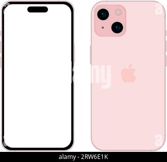 New pink Apple iPhone 15 smartphone model, mockup template on white background - Vector illustration Stock Vector