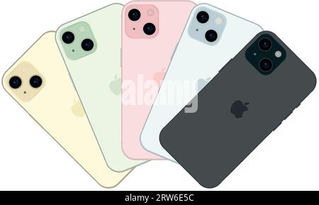 New Apple iPhone 15, modern smartphone gadget, set of 5 pieces in new original colors - Vector illustration Stock Vector