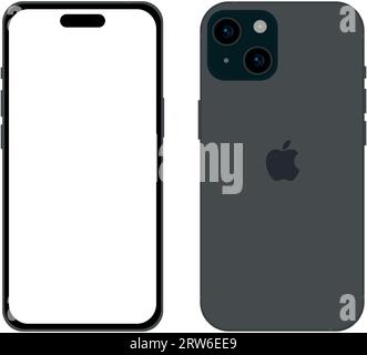 New black model of Apple iPhone 15 smartphone, mockup template on white background - Vector illustration Stock Vector