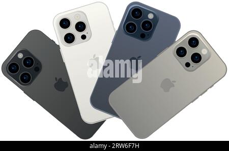 New Apple iPhone 15 PRO, modern smartphone gadget, set of 4 pieces in new original colors - Vector illustration Stock Vector