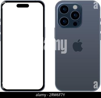 New blue TITANIUM model of Apple iPhone 15 PRO smartphone, mockup template on white background - Vector illustration Stock Vector