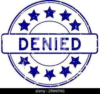 Grunge blue denied word with star icon round rubber seal stamp on white background Stock Vector