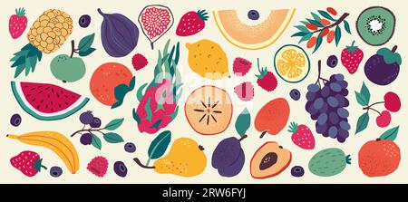 Doodle fruits. Summer icons, fresh apple and strawberry, orange and lemon, cherry and grape. Exotic dragonfruit and pineapple. Sweet tropical food. Ca Stock Vector