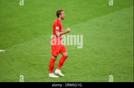 Moscow, Russia – July 3, 2018. England national football team striker Harry Kane celebrating his goal in penalty shootout during World Cup 2018 Round Stock Photo