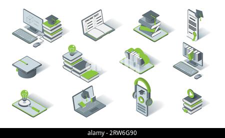 Education icons. 3D isometric laptop. Learning book. Ebook library. Online school. Audiobook or cloud technology. Textbooks stack. Graduation hat. Com Stock Vector