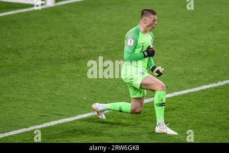 Moscow, Russia – July 3, 2018. England national football team goalkeeper Jordan Pickford celebrating a save during penalty shootout in World Cup 2018 Stock Photo