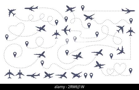 Route path. Airplane traffic. Dotted line track and map pins. Plane flight. Tourism or delivery. Aerial travel. Journey way. Aviation trace. Destinati Stock Vector