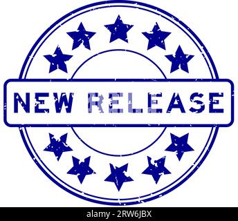 Grunge blue new release word with star icon round rubber seal stamp on white background Stock Vector