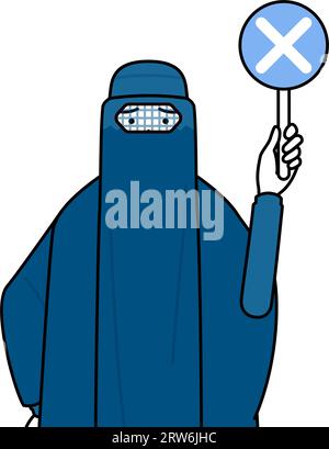 Muslim woman in burqa holding a placard with an X indicating incorrect answer, Vector Illustration Stock Vector