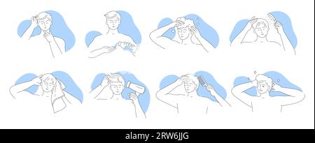 Hair care for man, line icons set vector illustration. Outline characters protect and massage scalp with cosmetic treatment, wash hair with shampoo and conditioner in shower, comb and blow dry Stock Vector