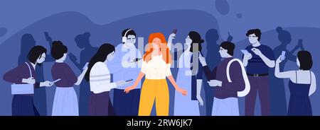 Mobile phone addiction vector illustration. Cartoon happy girl standing among crowd of sad people reading news in social media, comparison of free woman and smartphone slaves, online vs offline Stock Vector