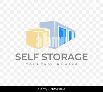 Self storage unit, cardboard box, garage and door, graphic design. Storage facility, facilities, rental, warehouse, keeping and storing, vector design Stock Vector