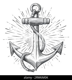 Vintage sea anchor with rope in engraving style. Ship hook sketch vector illustration Stock Vector