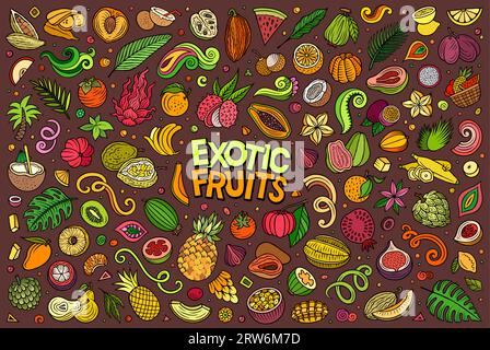 Cartoon vector doodle set features a variety of Exotic Tropical Fruits objects and symbols. The collection has a whimsical, playful feel. Perfect for Stock Vector