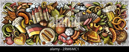 Vector illustration with Germany theme doodles. Vibrant and eye-catching banner design, capturing the essence of German culture and traditions through Stock Vector