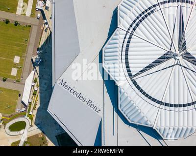 Atlanta, GA, USA - September 8, 2023: Aerial drone photo Mercedes Benz Stadium Atlanta Georgia USA direct overhead photo Stock Photo