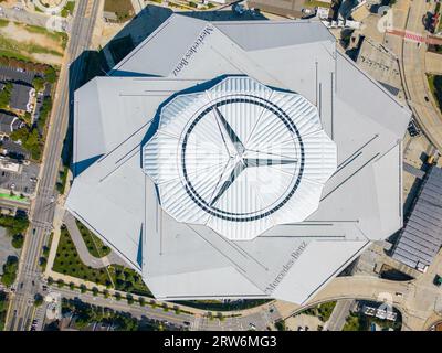 Atlanta, GA, USA - September 8, 2023: Aerial drone photo Mercedes Benz Stadium Atlanta Georgia USA direct overhead photo Stock Photo