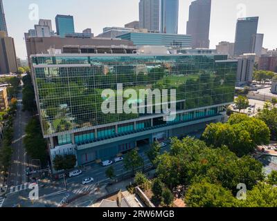 Atlanta, GA, USA - September 8, 2023: Aerial photo Georgia Lottery HQ Headquarters Building Downtown Atlanta Stock Photo